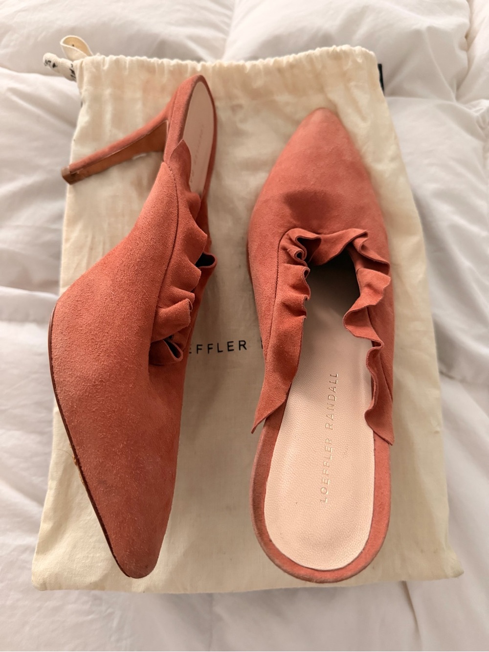 Loeffler Randall Coral Suede Ruffle Pointed Mules